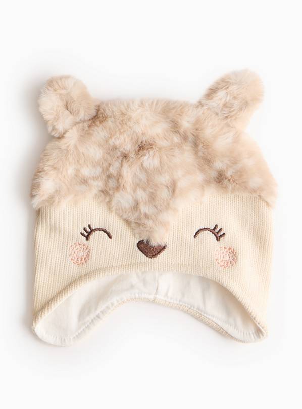 Beige Novelty Deer Design Winter Hat 1-2 years